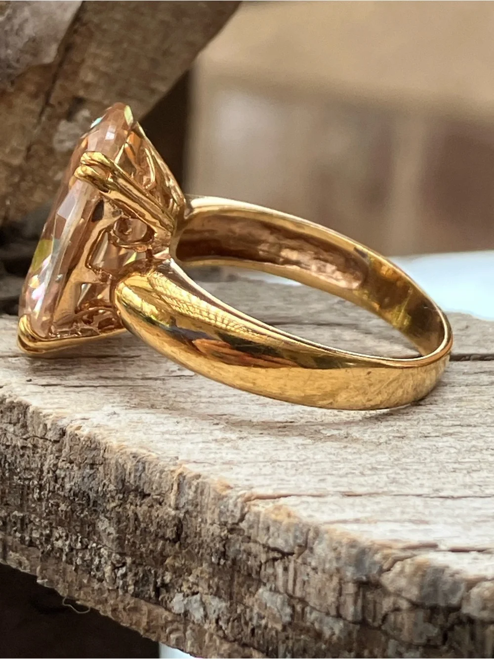 LARGE Champagne CZ Cocktail Solitaire Ring Gold Plated